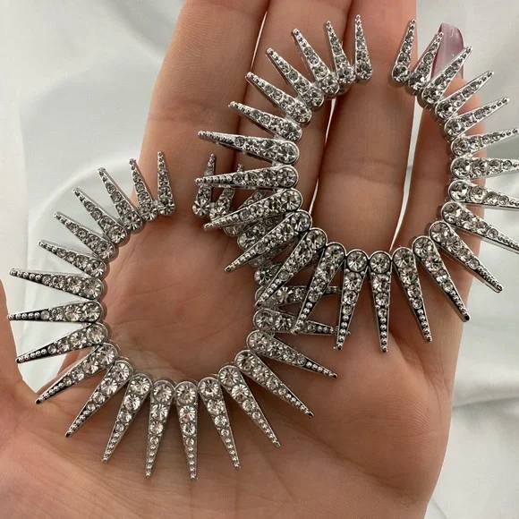 Lux! Silver Spike Rhinestone Hoop Earring – 40mm Statement Sparkle Circle - Picture 10 of 14